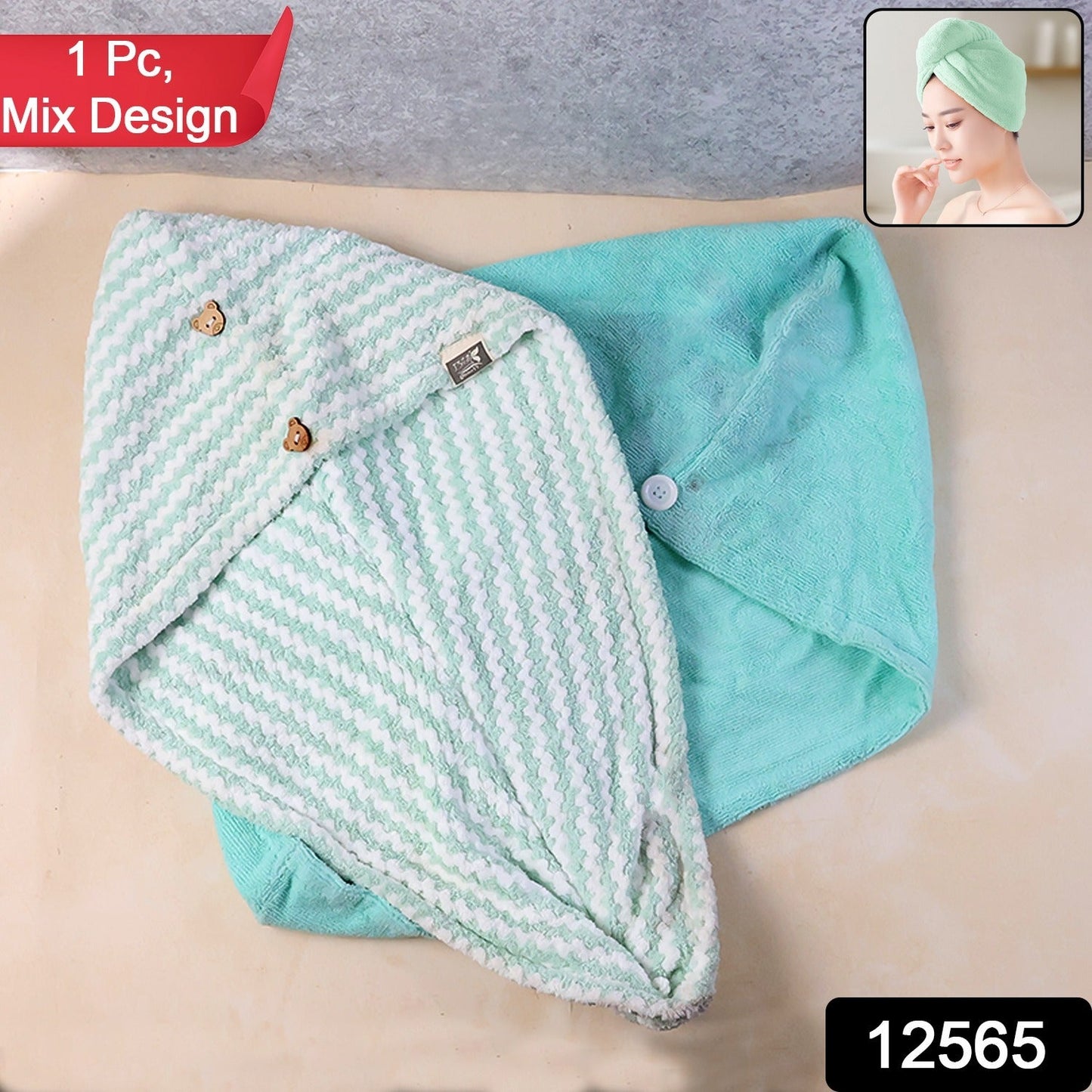 Hair towel wrap styled as turban with button lock for secure fit