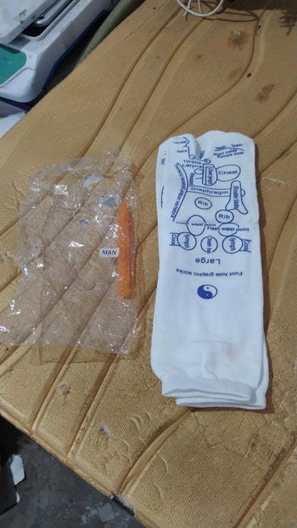 Packaging and accessories for reflexology acupressure socks including massage stick
