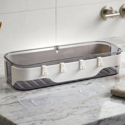 Wall-mounted transparent bathroom storage shelf with hooks for towels and toiletries