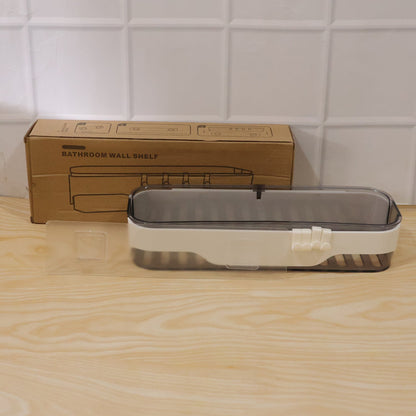 Installation perspective of transparent bathroom wall shelf