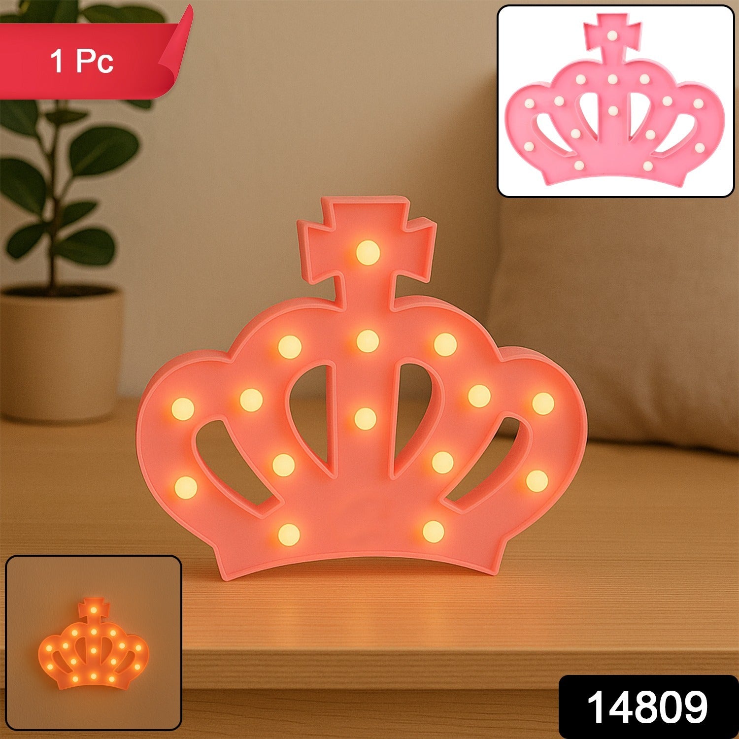 Crown LED lamp illuminated on a wooden table, creating ambient lighting
