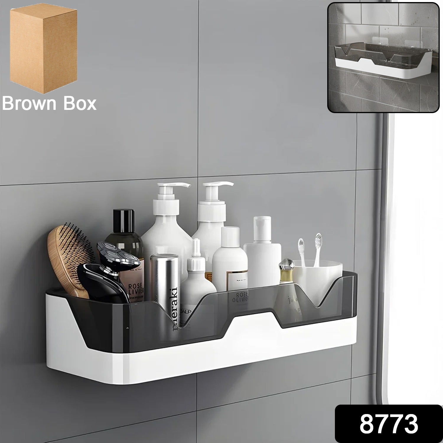 Self adhesive plastic storage rack mounted on smooth wall
