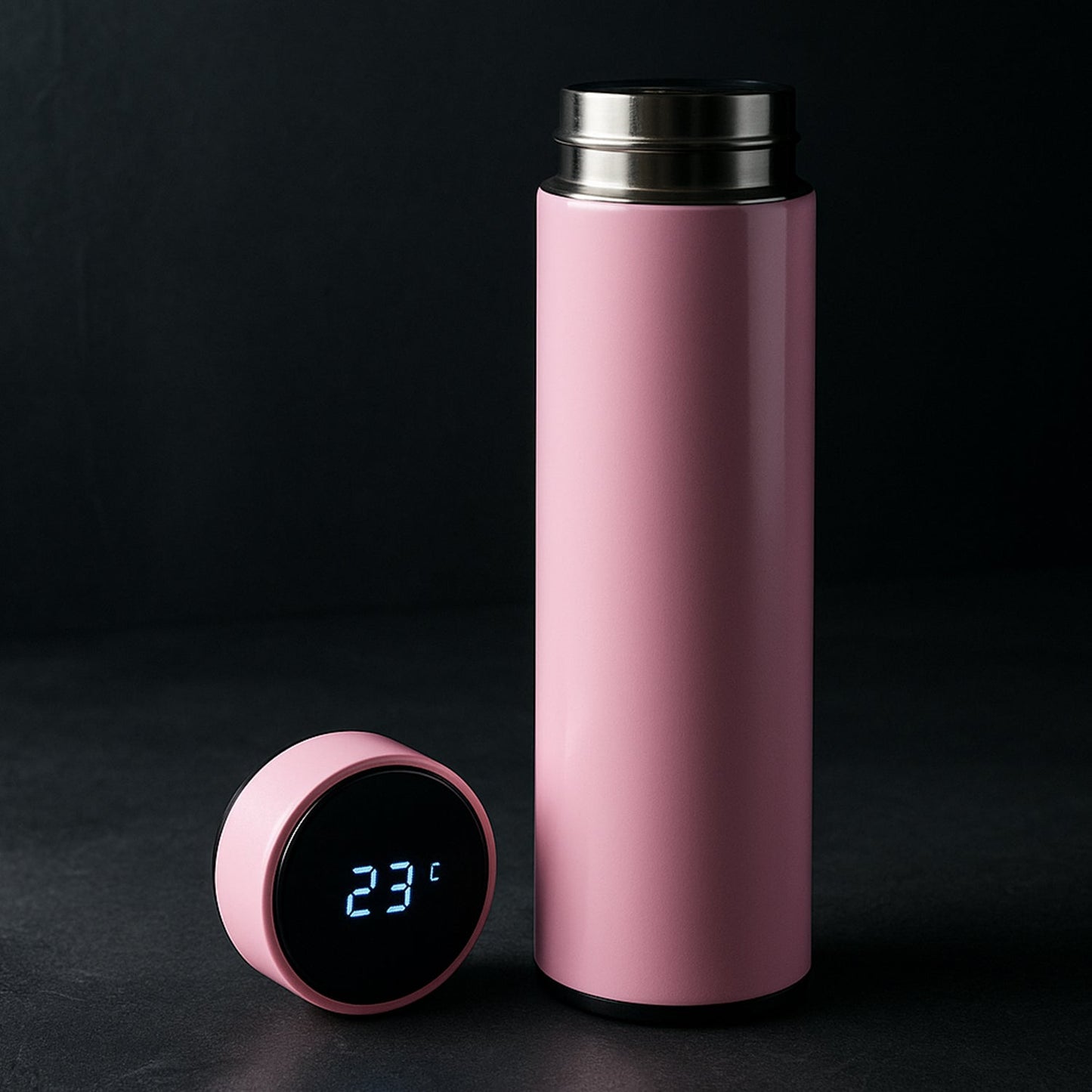 Pink smart vacuum insulated water bottle with LED temperature display