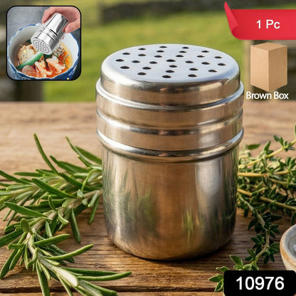 Closeup of stainless steel shaker jar for salt and pepper in kitchen