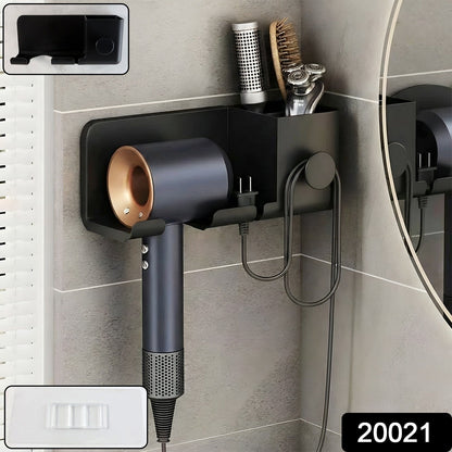 Hair dryer holder securely mounted on bathroom wall with grooming shelf