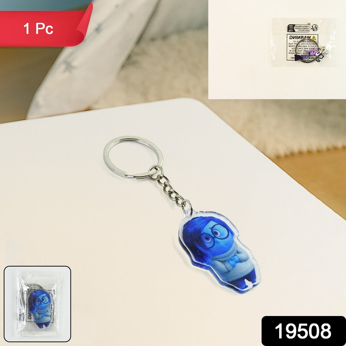 Trendy cartoon themed acrylic keychain showing blue animated character charm