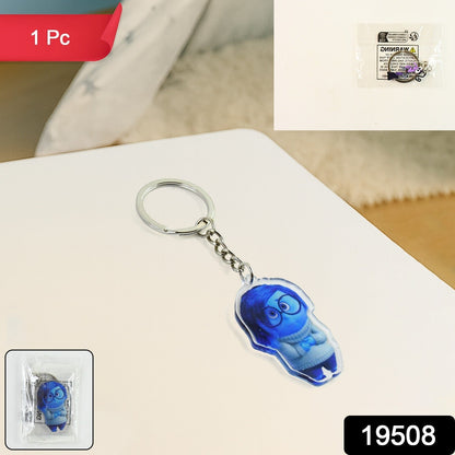 Trendy cartoon themed acrylic keychain showing blue animated character charm