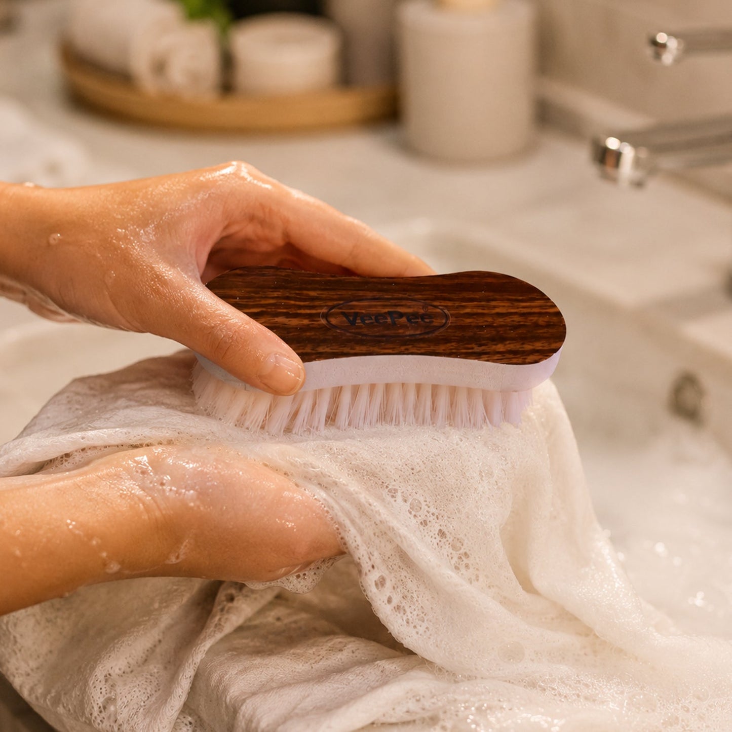 Curved ergonomic laundry brush with nylon bristles for effective cleaning