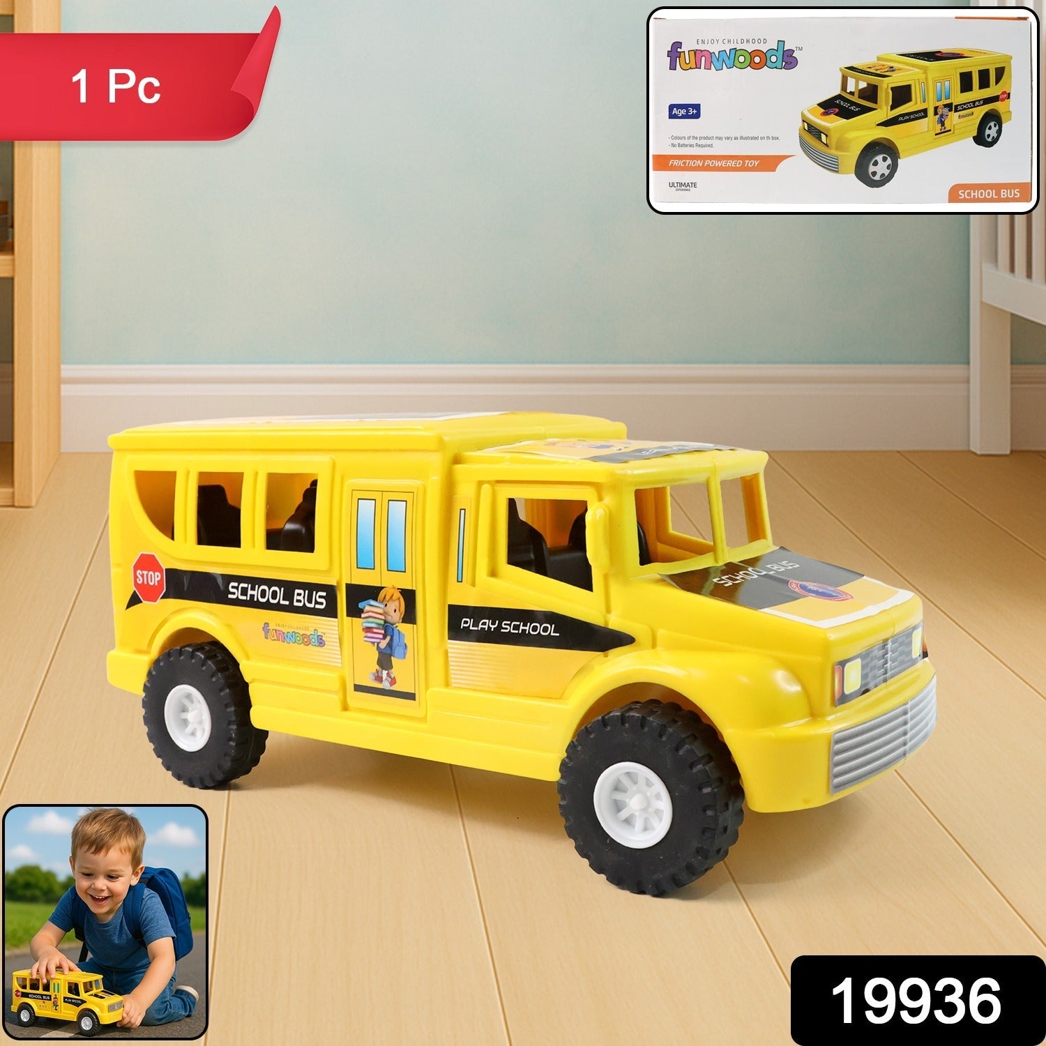 Kids playing with friction-powered school bus toy vehicle