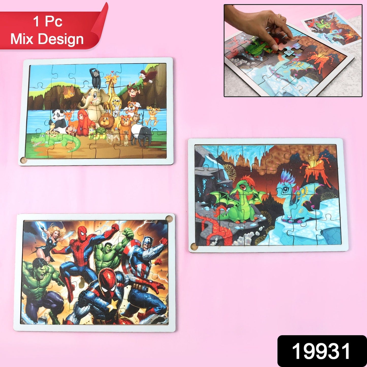 Kids educational wooden jigsaw puzzle board featuring animal theme