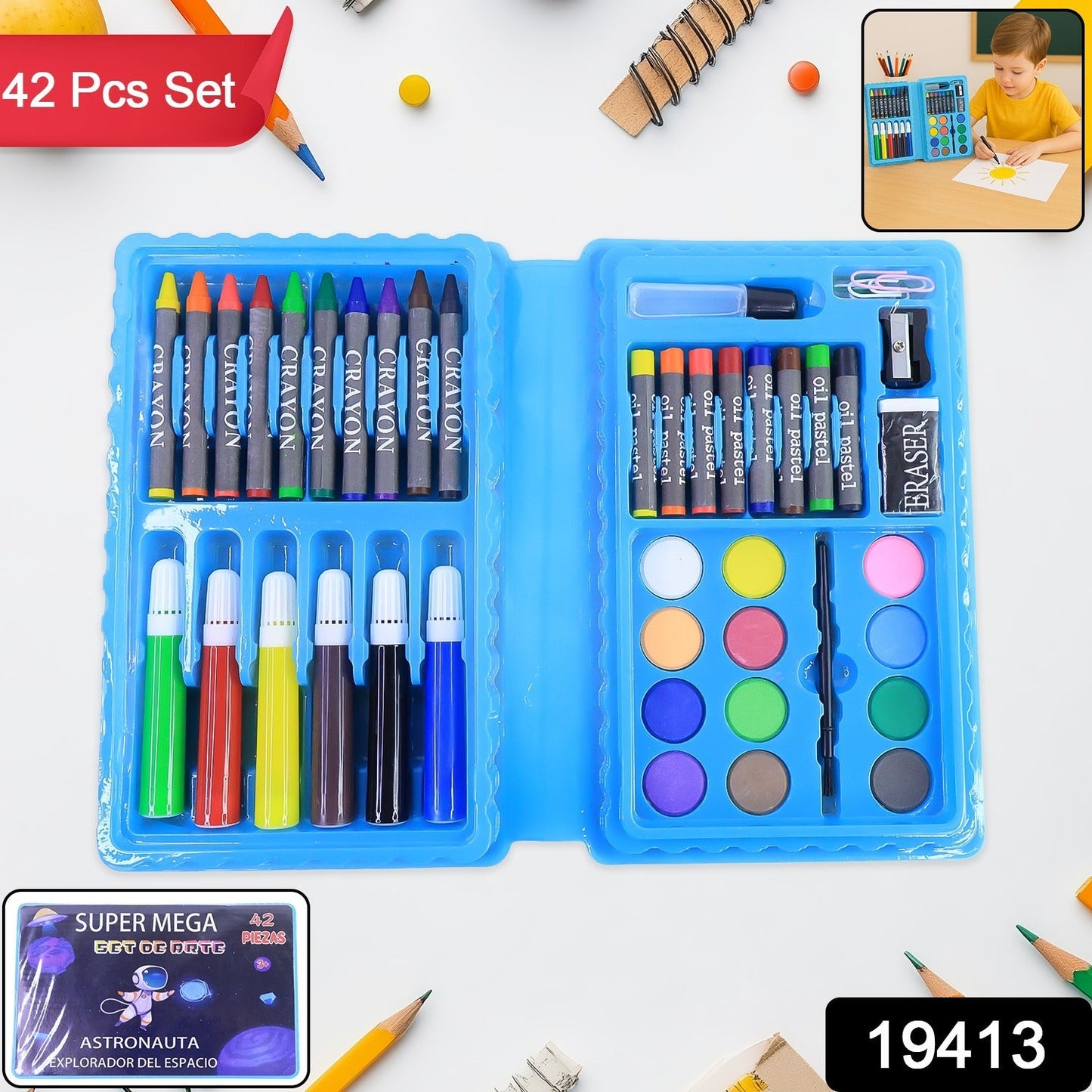 Multi-color crayons and oil pastels in kids art set for creative drawing