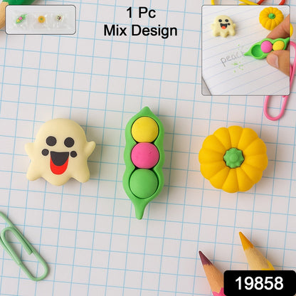 A cheerful yellow smiley face cartoon eraser, made from soft, non-toxic rubber for clean erasing.