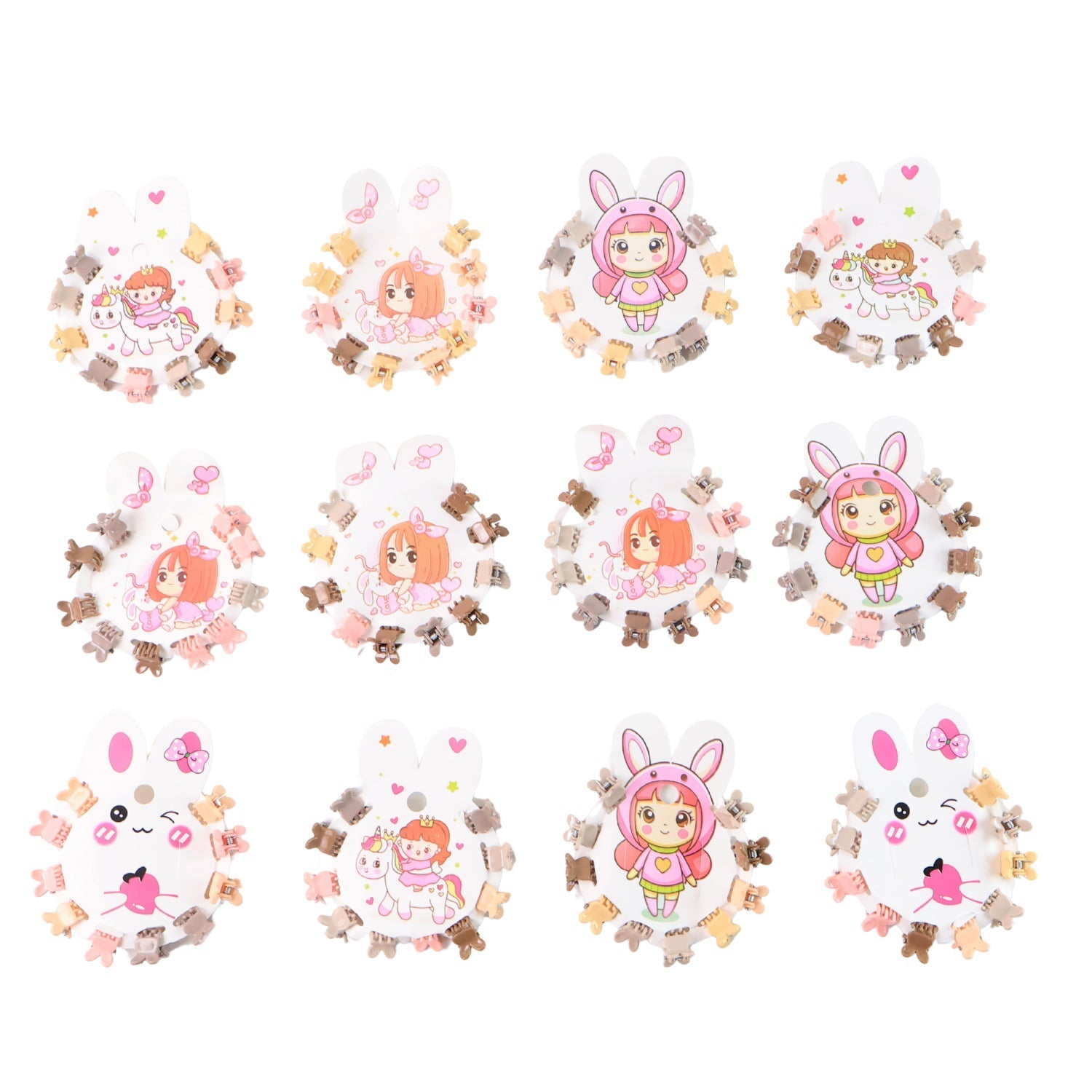 Packaging showing 12 cards of pastel bear mini claw hair clips for girls.