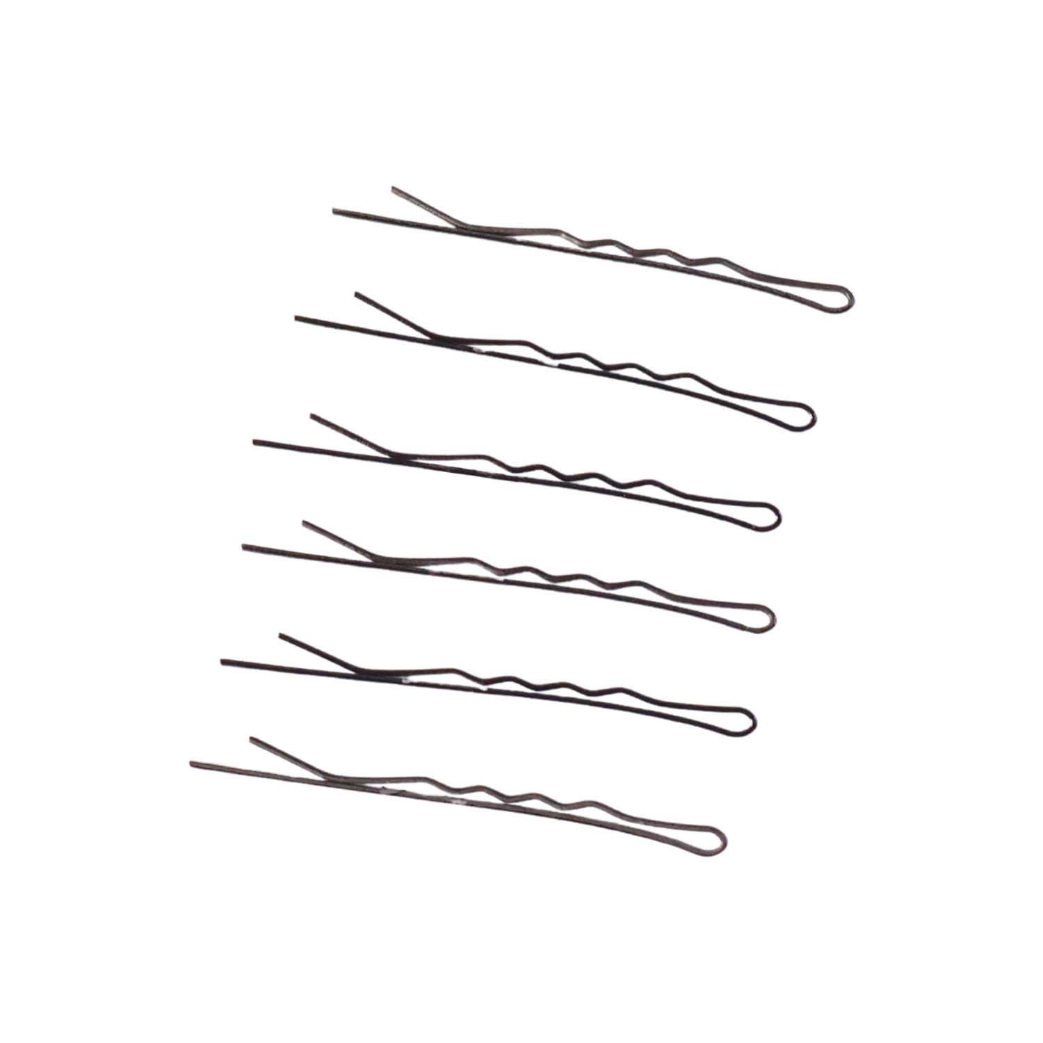 Multiple medium black hair bobby pins arranged together