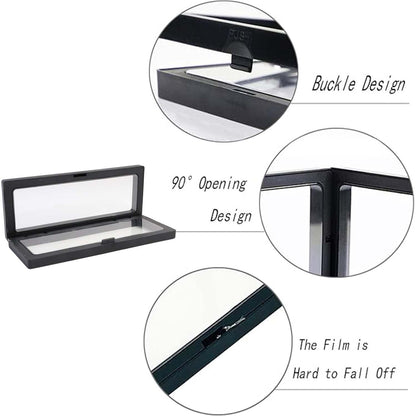 Close-up detail of transparent floating jewelry display box showing clear PET membranes