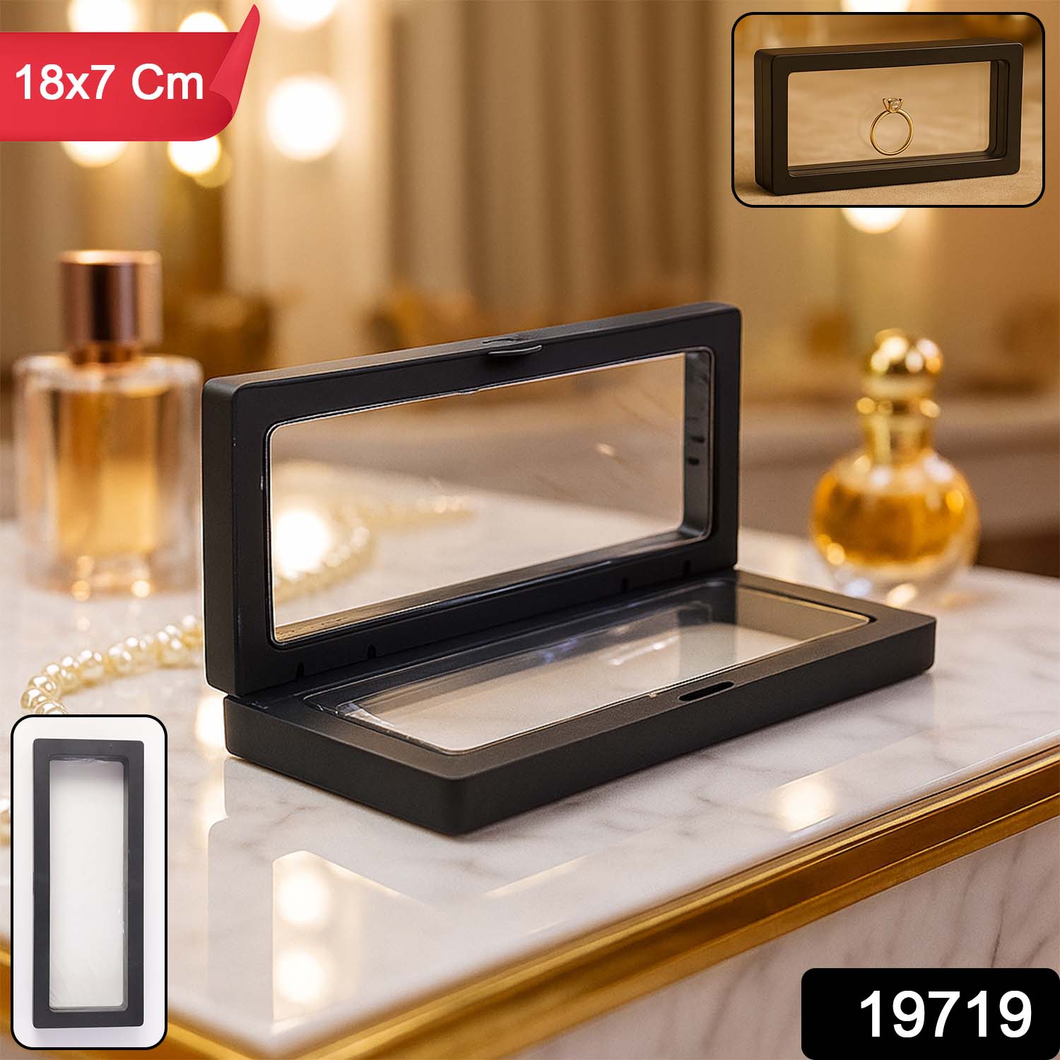 Open transparent floating jewelry display box 18x7 cm revealing interior with magnetic closure
