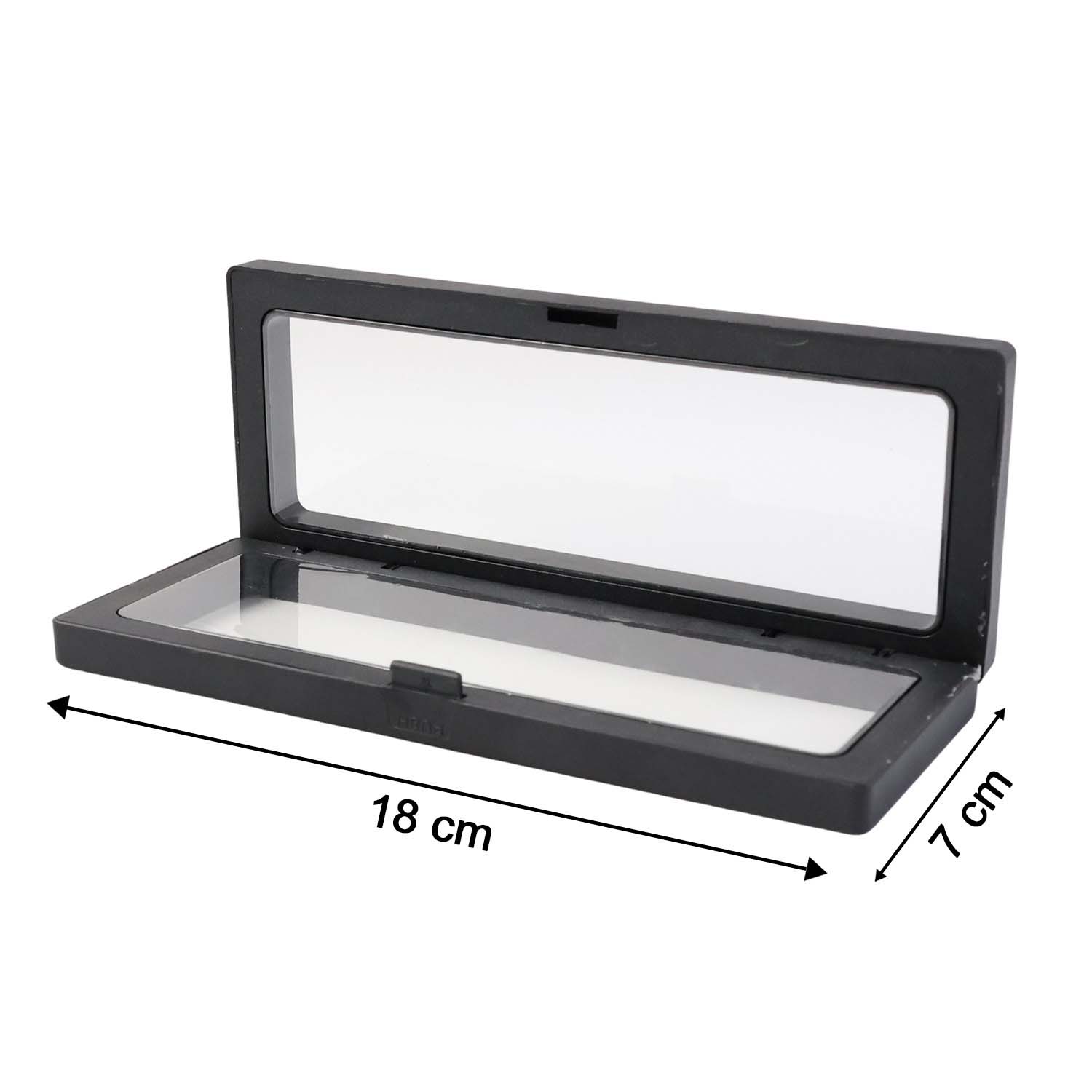 Side view of transparent floating jewelry display box 18x7 cm featuring black ABS frame