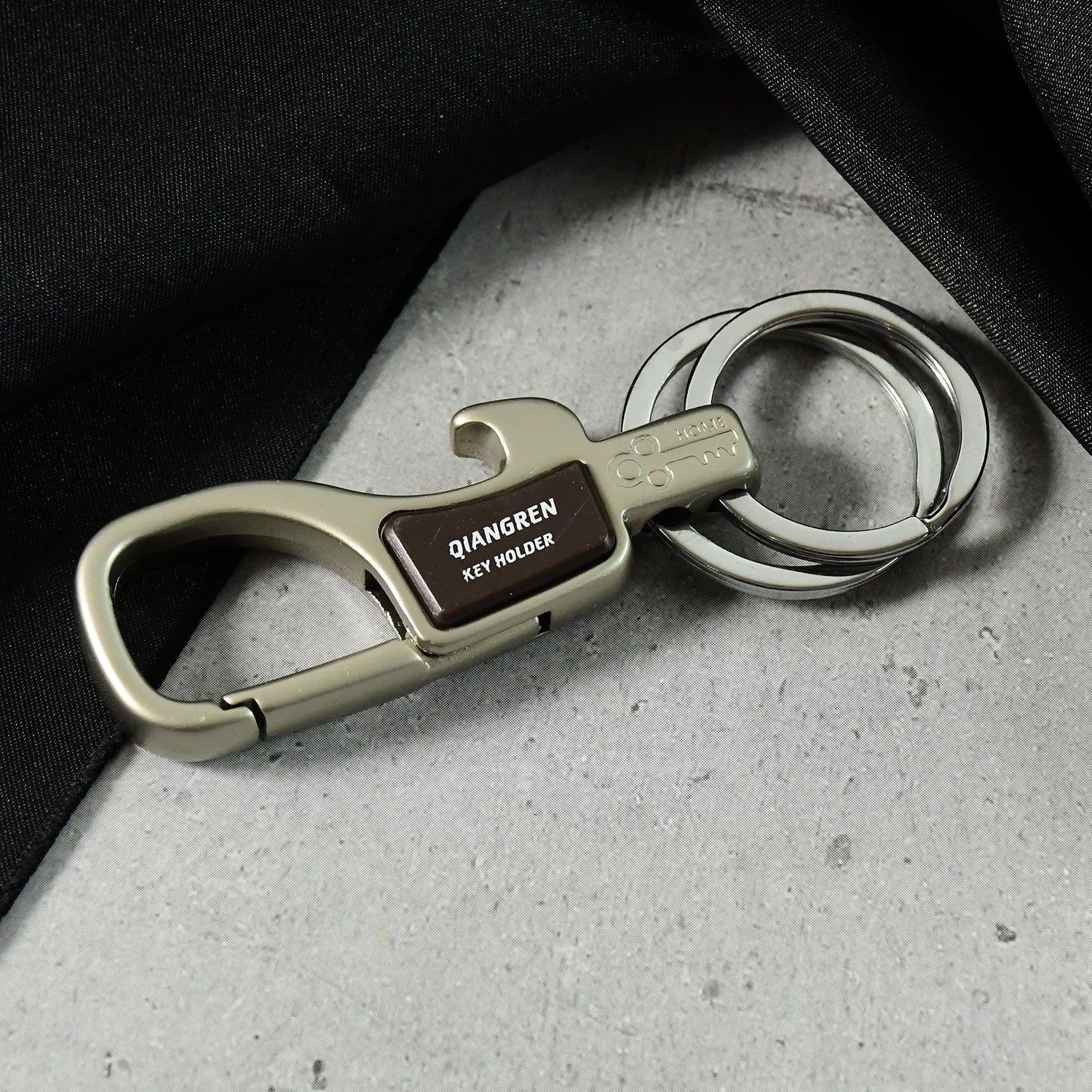 Close-up of premium metal carabiner keychain exhibiting fine craftsmanship