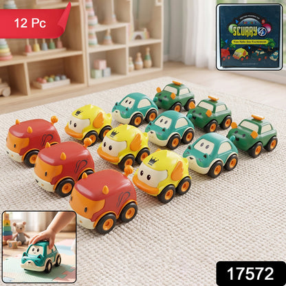 Set of 12 small, colorful pull back toy cars for toddlers