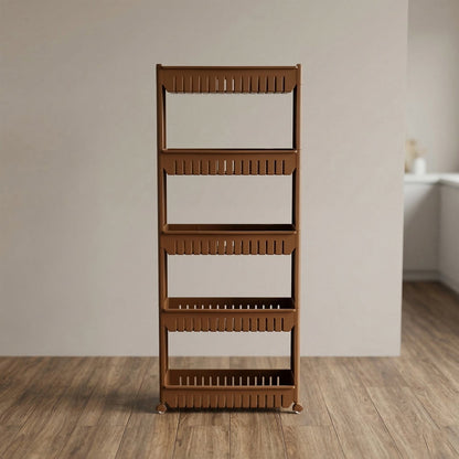 Close-up of multi-tier storage rack with wheels