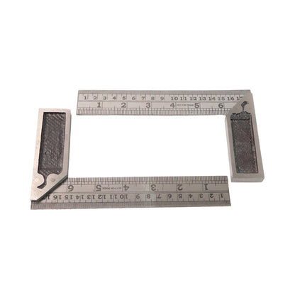 Precision measurement using metal try square ruler to check right angles accurately