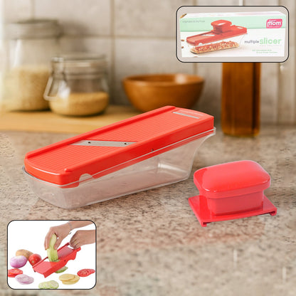 Adjustable vegetable and dry fruit slicer with food-grade container