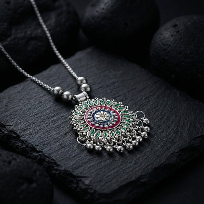 Antique silver-tone floral mandala pendant necklace with enamel accents and hanging ghungroo beads
