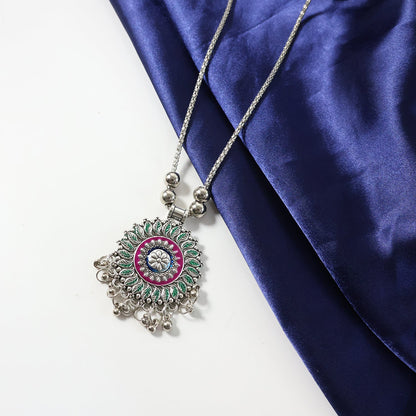 Indian-inspired oxidized silver necklace with floral mandala pendant and beaded chain