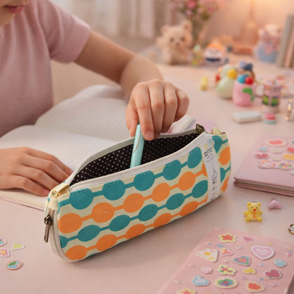 Close-up of zipper closure on geometric printed pencil pouch