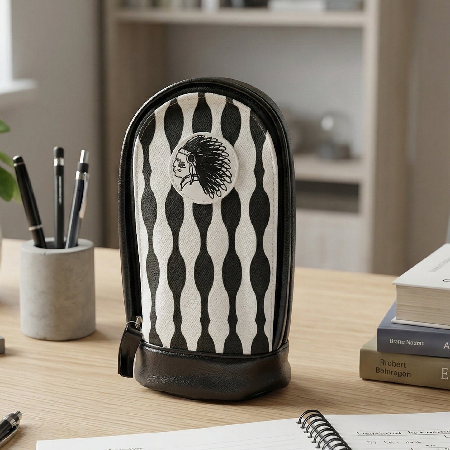 Stylish hard base vertical zipper pencil pouch front view