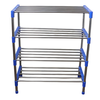 Rod-style shoe rack with blue plastic connectors ensuring stability