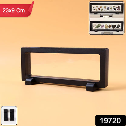 Jewellery display box with floating magnetic frame holding rings and earrings