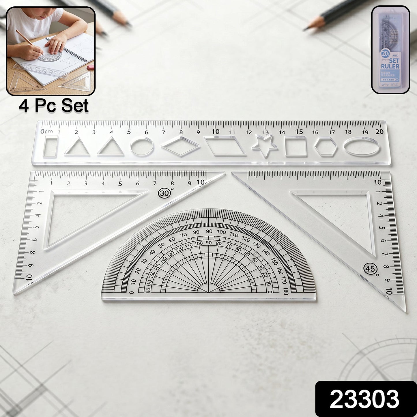 Complete geometry ruler set including 20cm ruler, set squares, and protractor