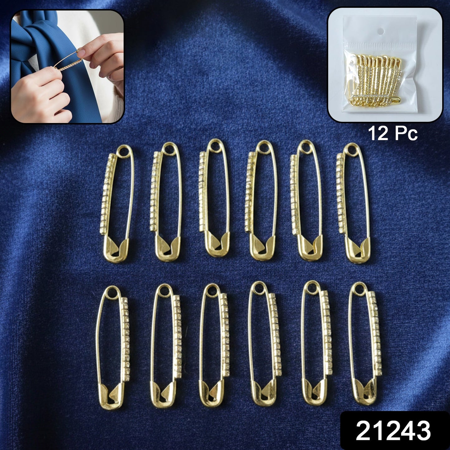 Close-up of single golden safety pin brooch showing stone detail and secure clasp
