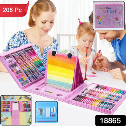Kids coloring art set with crayons, watercolors and sketch pens