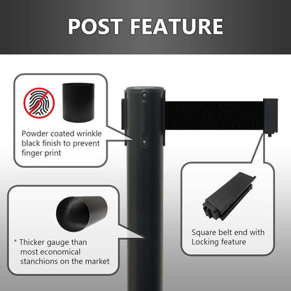 Close-up of retractable belt mechanism on crowd control pole