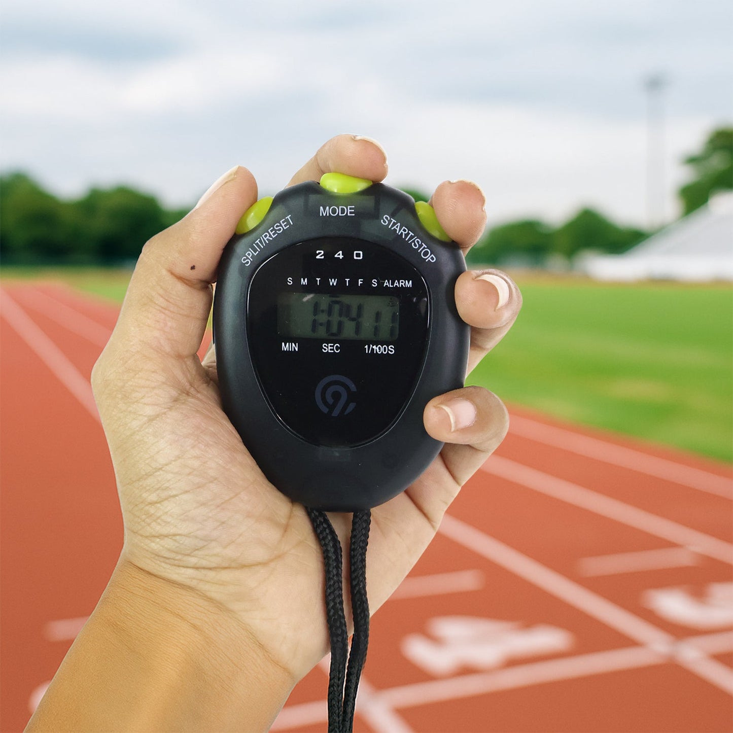 Side view of digital sports stopwatch designed for fitness training