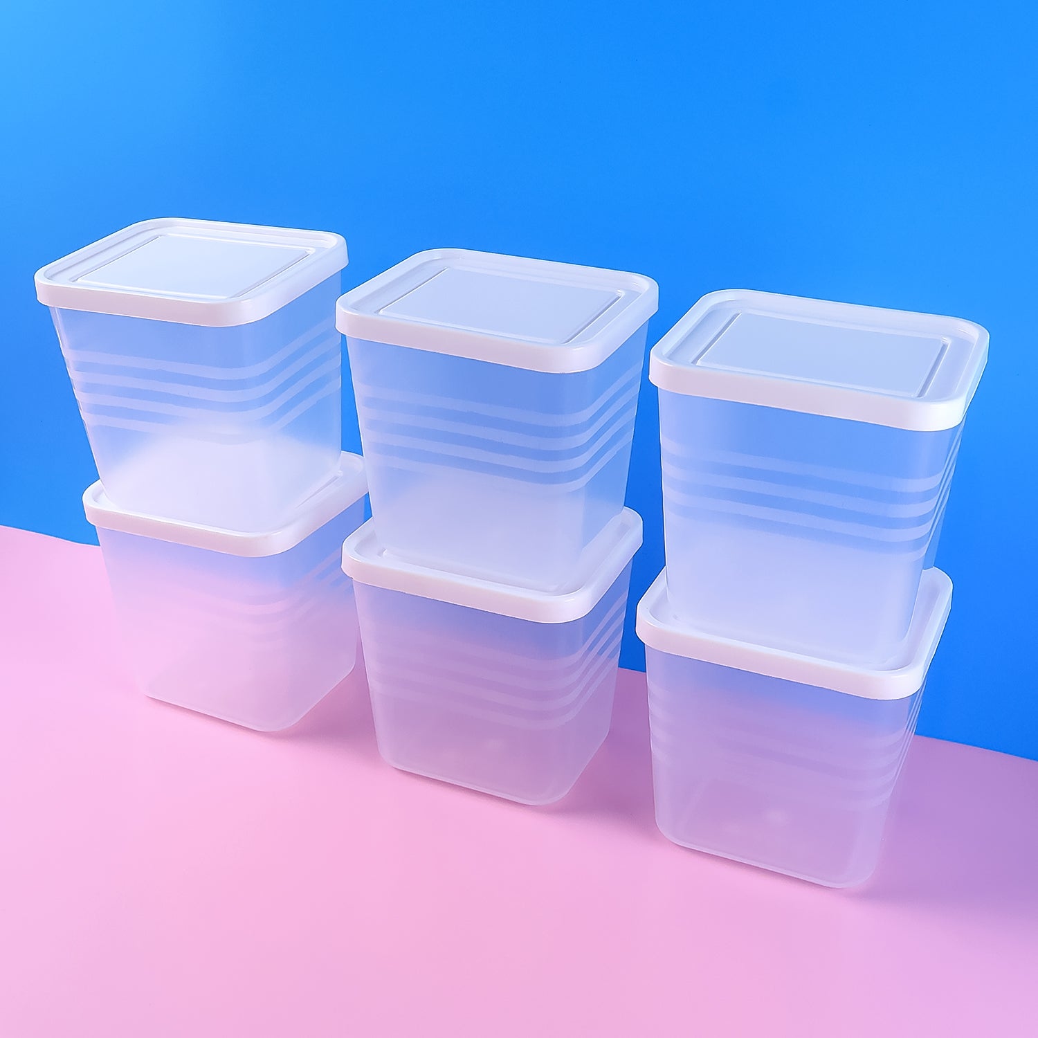 6-piece airtight square plastic food storage container set with clear bodies and white lids