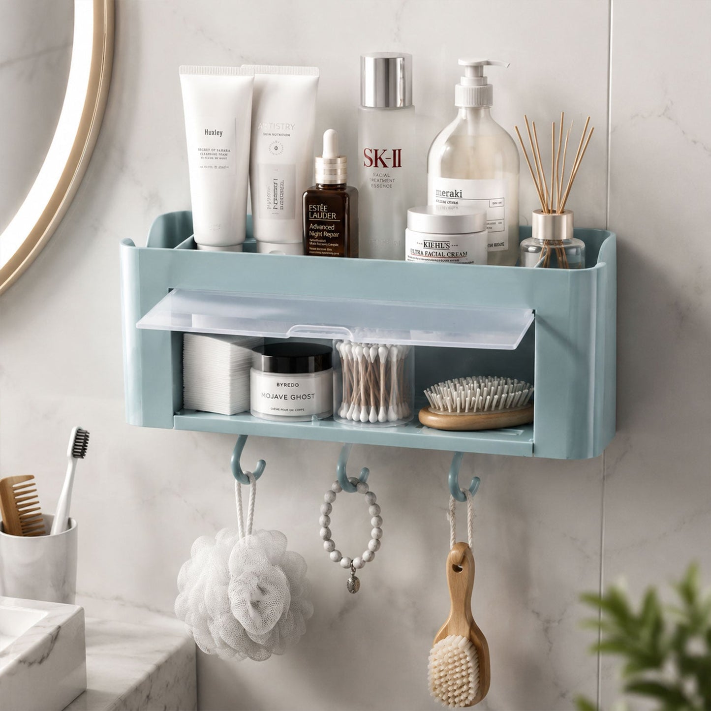 Bathroom or kitchen wall shelf with hooks and dustproof cover