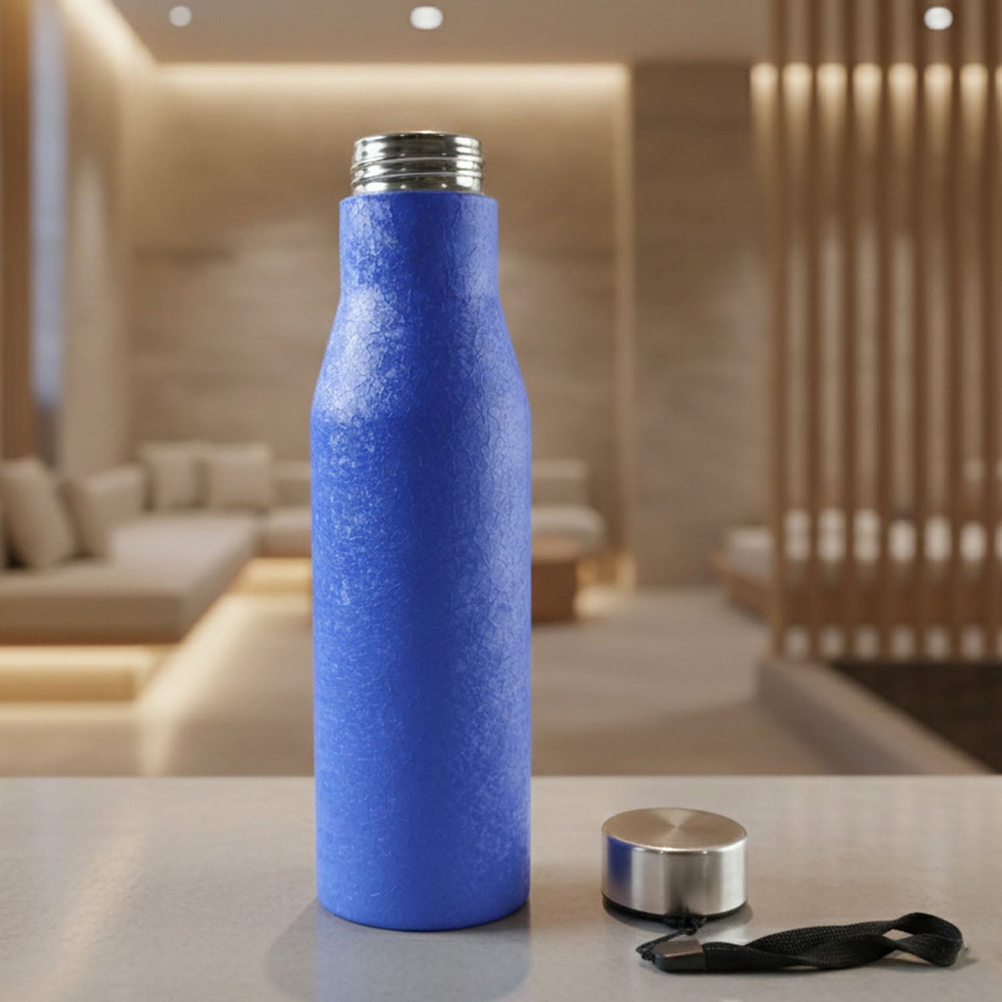 Top view of stainless steel water bottle blue color 1000ML