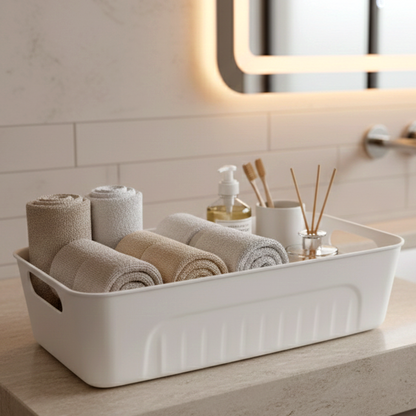 Side view of stackable white plastic storage baskets